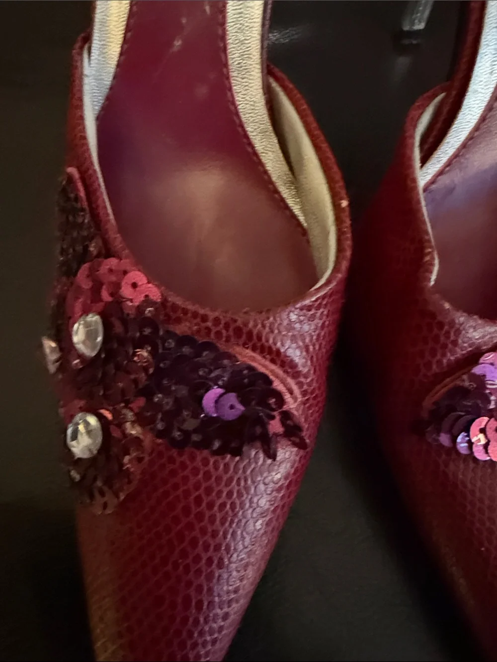 Dollhouse Burgundy Pointed Toe Sequin Embellished Heels